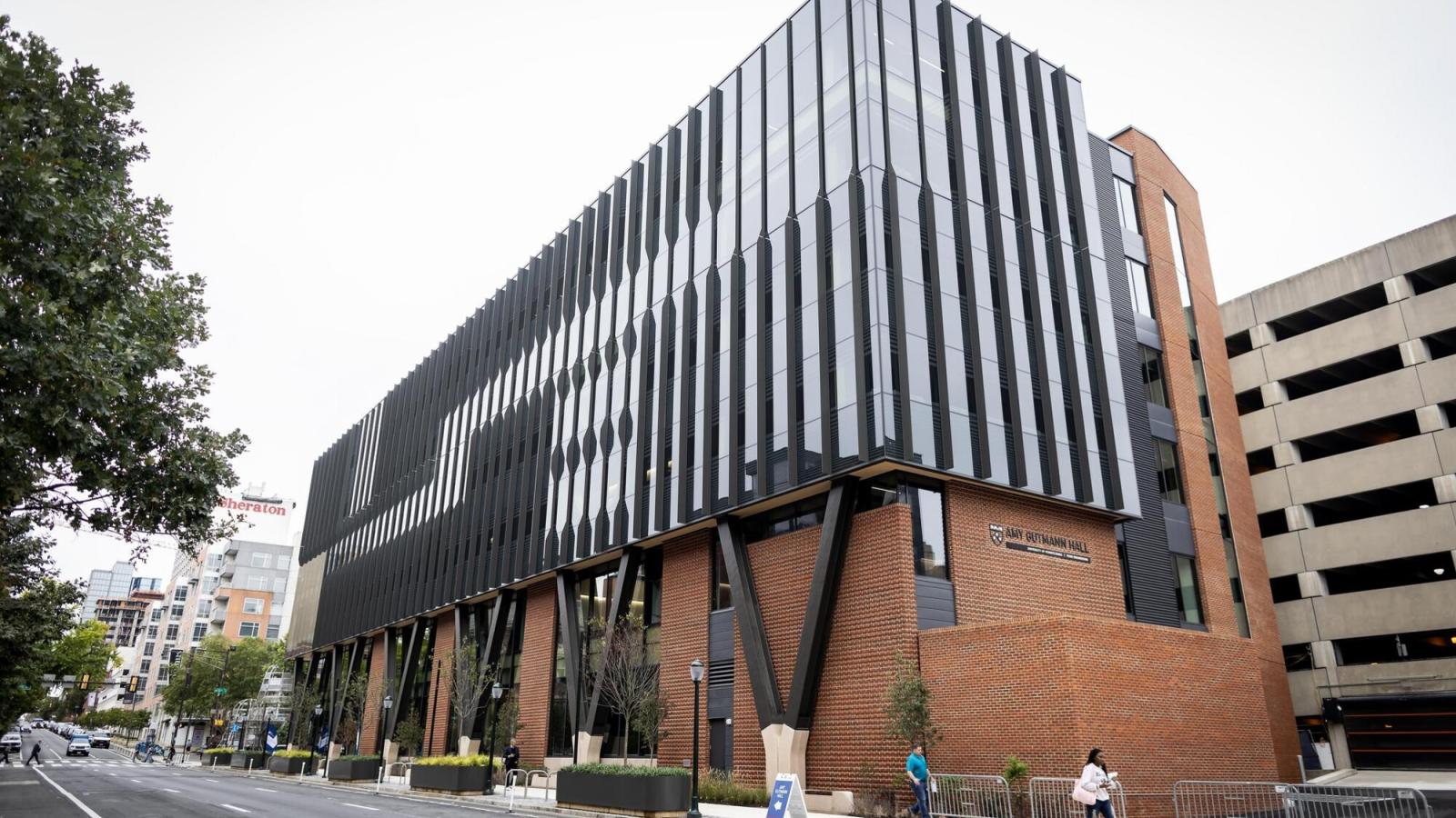 streetview of completed brick and timber exterior of Amy Gutmann Hall 