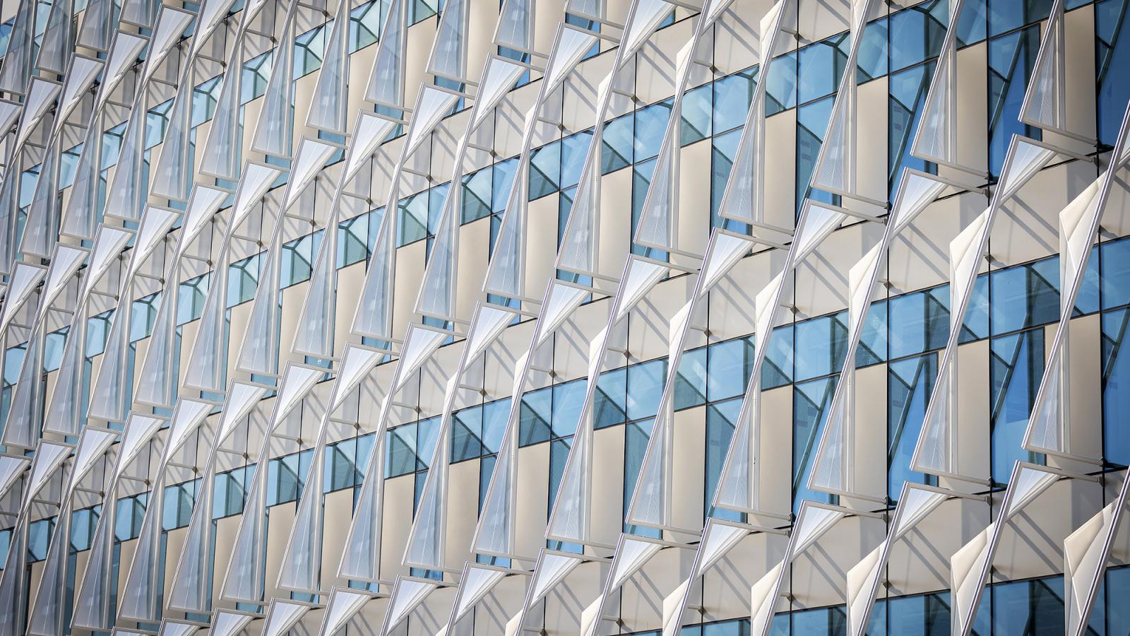 distinctive sun shades on the outside of the Vagelos Laboratory 