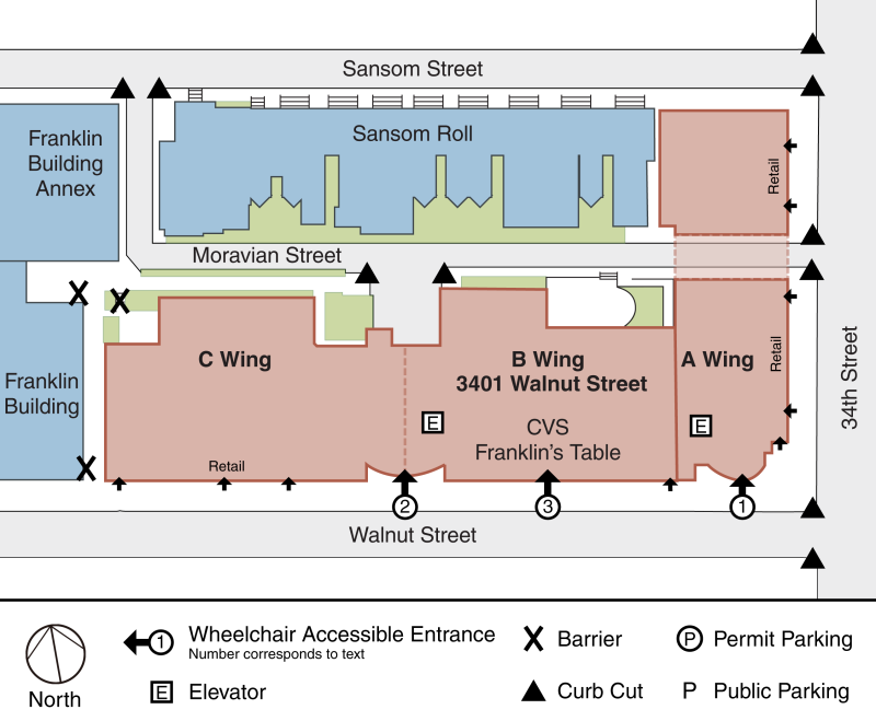Graphic map of accessible entrances to 3401 Walnut Street