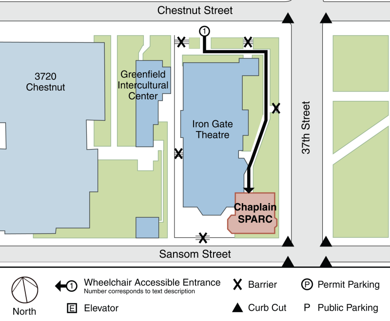Graphic Map illustrating the accessible entrance to the Chaplain's Office/SPARC using the path from Chestnut Street