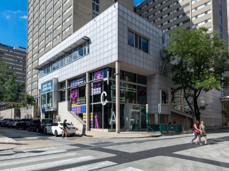 Street view of the modern ICA building and its colorful facade