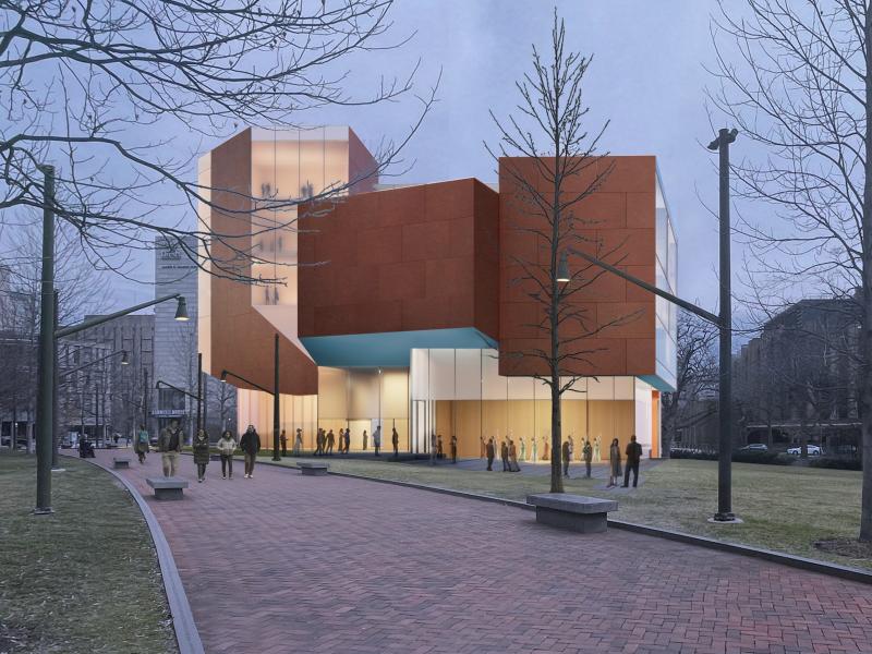 rendering of proposed student performing arts center on Woodland Walk 