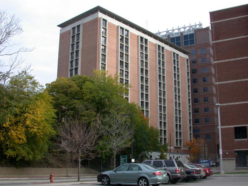 A view of Blockley Hall from the parking lot