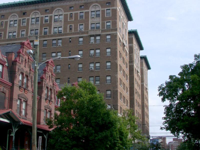 Chestnut Hall from the ground level to capture the height of the building