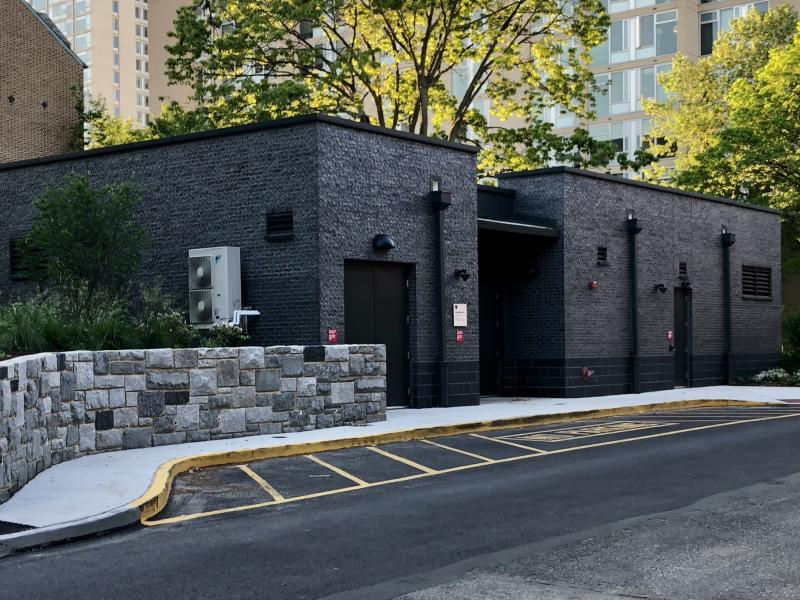 electrical substation and stone wall 