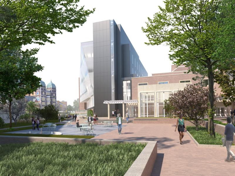 Rendering of restored Woodland Walk facing new Wharton Bldg