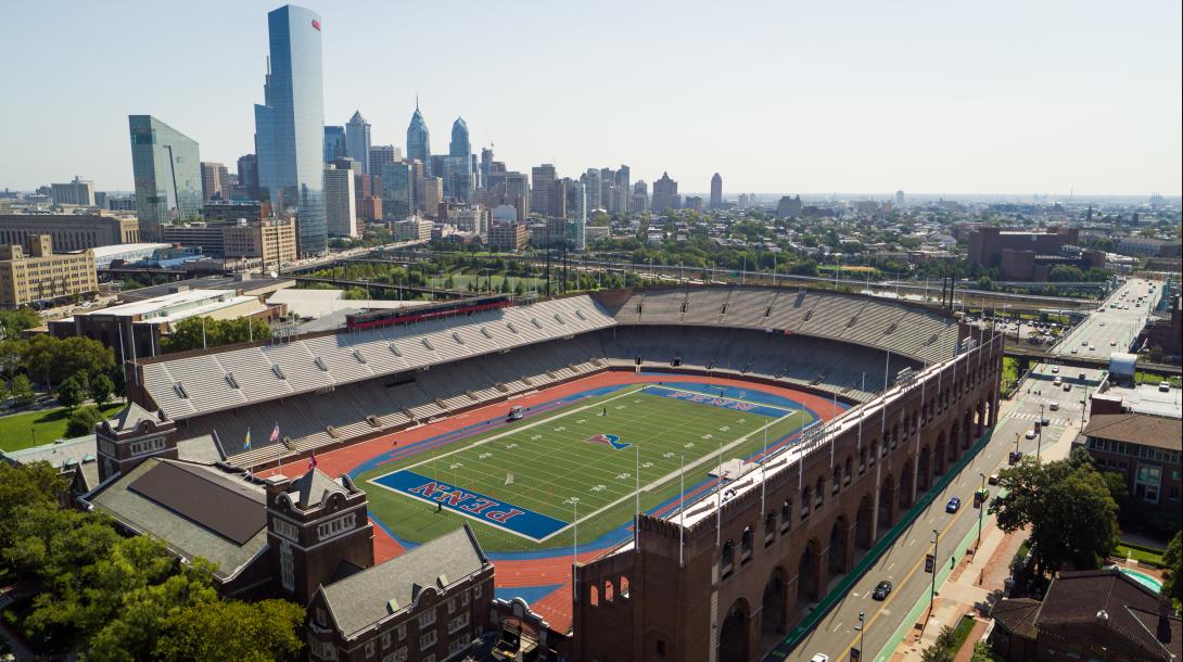 aerial view of Franklin Field with Philly sky line in the distance