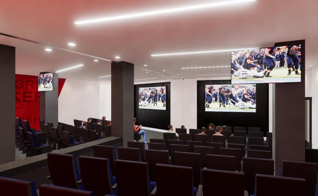 rendering of auditorium seating and screens in new team meeting room