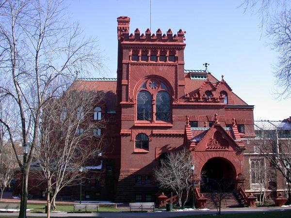 Exterior photo of the red brick Fisher Fine Arts Library 