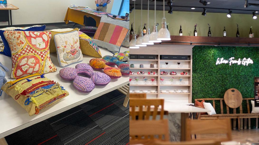 2 side by side photos of new retail spaces including design tables, a wall of candles, and brightly colored pillows 