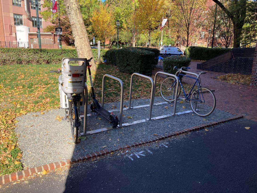 Weightman Hall Bike rack next to paving