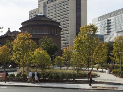 Streetview of Kane park, trees, and Penn museum rotunda in the background