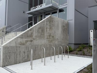 Photo of entrance to Ott center and its bike rack