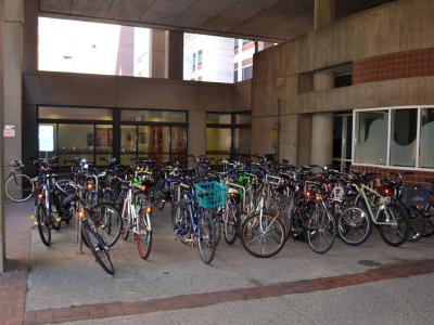 bike rack outside Stemmler, toward Johnson Pavilion