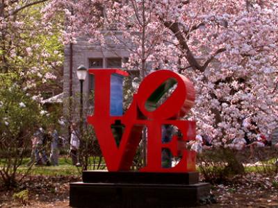 Love statue beneath a cherry blossom tree