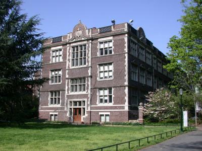 Leidy Laboratories of Biology framed by trees on either side