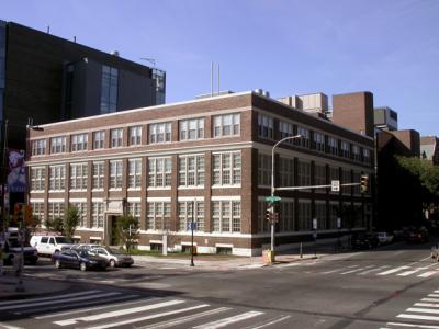 Moore School Building on the corner of an intersection