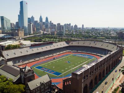 aerial view of Franklin Field with Philly sky line in the distance