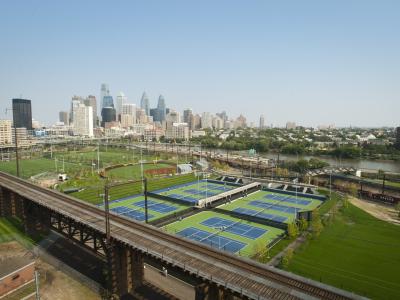 aerial view of Penn Park with Philly skyline in the background